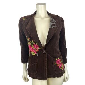 Vintage Johnny Was Embroidered Jacket Size S Corduroy Brown Floral Y2K 70s Retro
